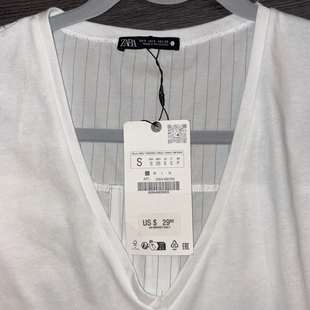 Zara NEW Cotton Poplin Stripe Side Button Vneck Tee Size Small Black/White - Picture 9 of 12